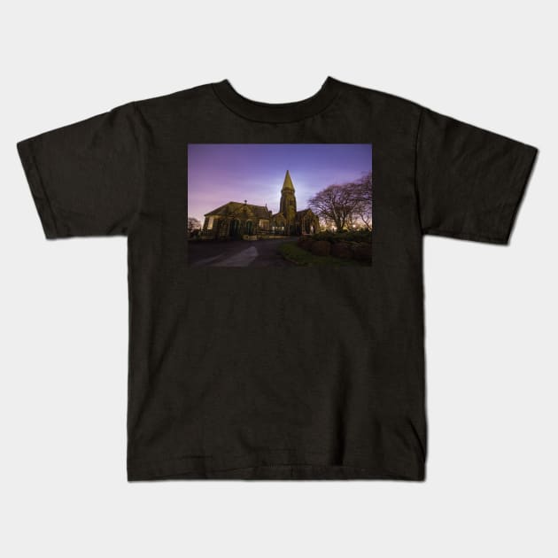 Horsforth Cemetery Church Leeds with Moon Light and Star Sky IMG 9054-RB Kids T-Shirt by Spookydaz